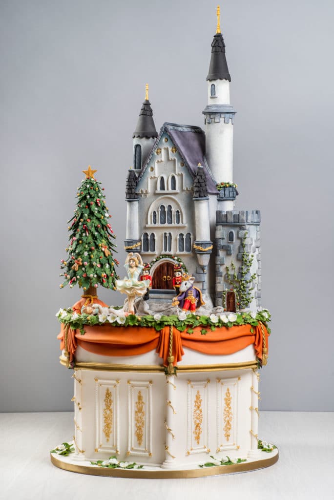 Nutcracker cake with carved castle and sugar figures