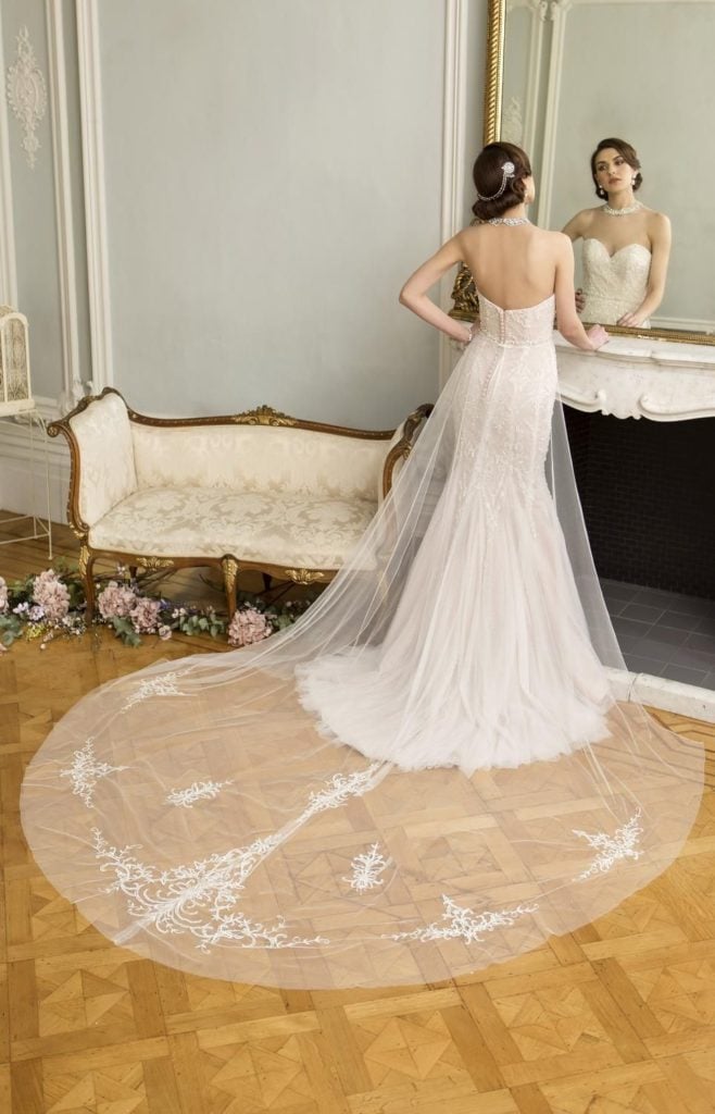 Bride in wedding dress with long tulle train