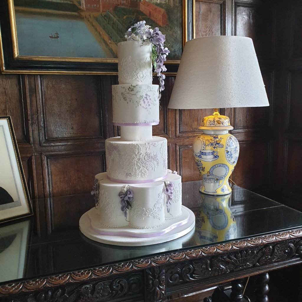 Lace and sugar flower wedding cake