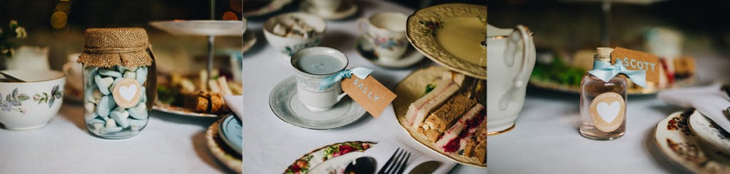 Home-Made-Wedding-Favours Sweets in rustic trimmed jar Candle in vintage teacup Drink in a bottle