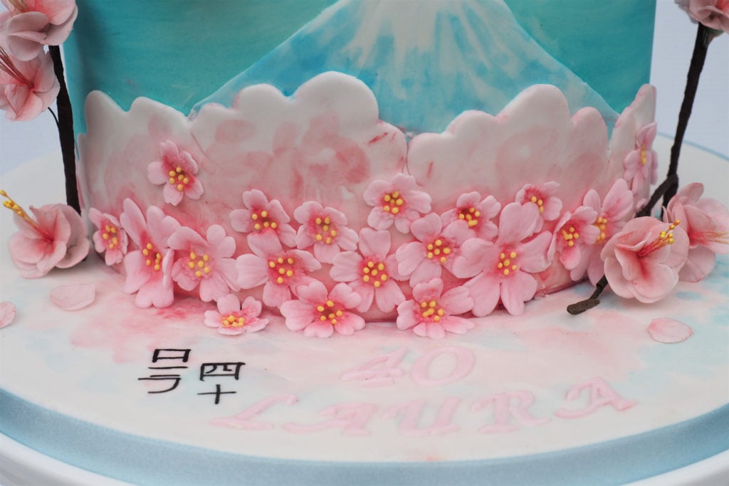 Cake with hand painted Mount Fugi and cherry blossom and 2 d cherry blossom